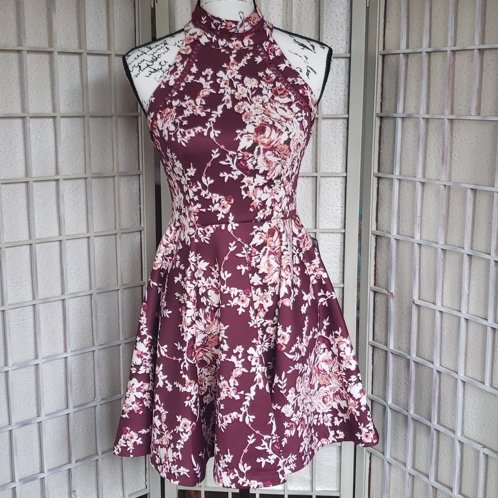 B Darlin Burgundy Floral Halter Skater Dress
